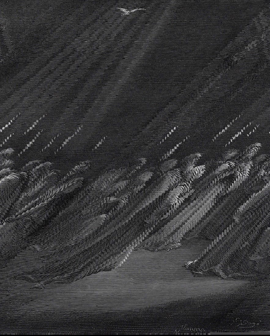 1800s Gustave DORE Biblical Woodcut "Descent Of The Spirit" FRAMED Signed: Gustave Dore (Paul Gustave Louis Christophe Dore) (French, 1832-1883). The Descent of the Spirit (from Dore's Bible). Antique woodcut on wove paper after the original by master wood engraver Paul Jonn