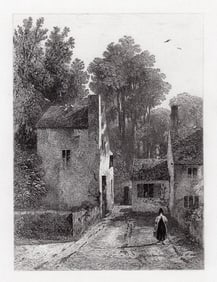 Robert Brandard 1875 engraving Village Scene signed