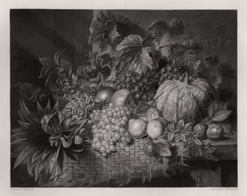 GEORGE LANCE 1800s Engraving Still Life with pineapple SIGNED FRAMED