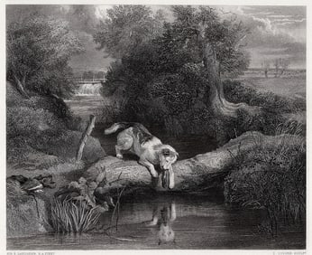 FRAMED 1800s Edwin Henry LANDSEER Engraving The Dog & his Shadow SIGNED