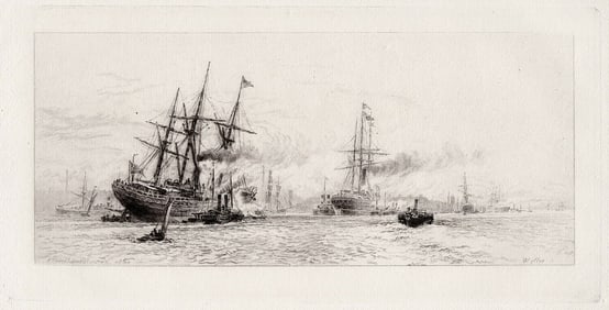 William Lionel Wyllie Shipping on the Mersey 1881 Etching Signed