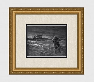Gustave DORE 1800s Biblical Wood Engraving JESUS WALKS ON THE SEA Framed Signed