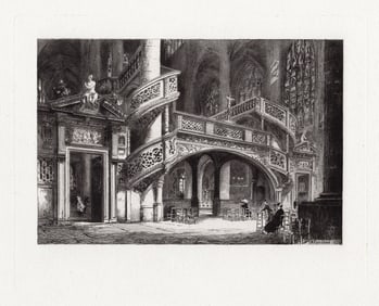 Charles Henri Toussaint The Screen of St. Etienne-du-Mont, at Paris 1881 etching