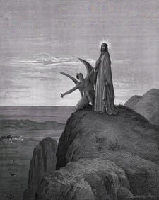 1800s Gustave DORE SIGNED Religious Woodcut THE TEMPTATION OF JESUS Framed