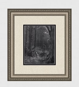 1800's Gustave Dore Wood Engraving Lovers in the Moonlit Forest Signed Framed