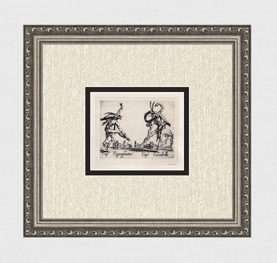 JACQUES CALLOT 1920 Limited Engraving "Esgangarato & Cocodrillo" FRAMED: Jacques Callot (French, c.?1592 - 1635). Cap. Esgangarato & Cap. Cocodrillo, from Balli di Sfessania. Antique engraving on japon paper after the original created in 1622. Year: c. 1920. Limited editio