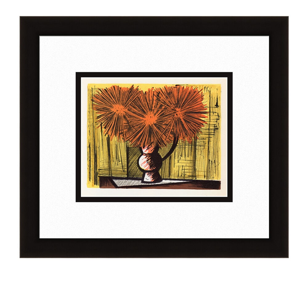 Bernard Buffet Dahlias on a Yellow Background 1967 lithograph: Bernard Buffet. (1928-1999). Dahlias on a Yellow Background. Color Lithograph on Wove Paper after the Original. 1967. Excellent. Atelier Mourlot. Image Size 7 5/8 x 9 inches. Approximately 16 x 18 inc