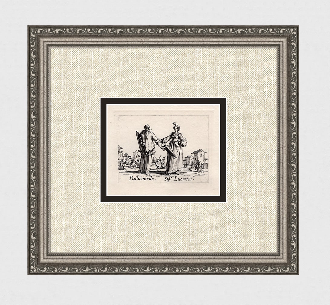 Jacques CALLOT 1920 Engraving "Performance Dancers" Limited FRAMED: Jacques Callot (French, c.?1592 - 1635). Pulliciniello & Sig. Lucretia, from Balli di Sfessania. Antique engraving on japon paper after the original created in 1622. Year: c. 1920. Limited edition of