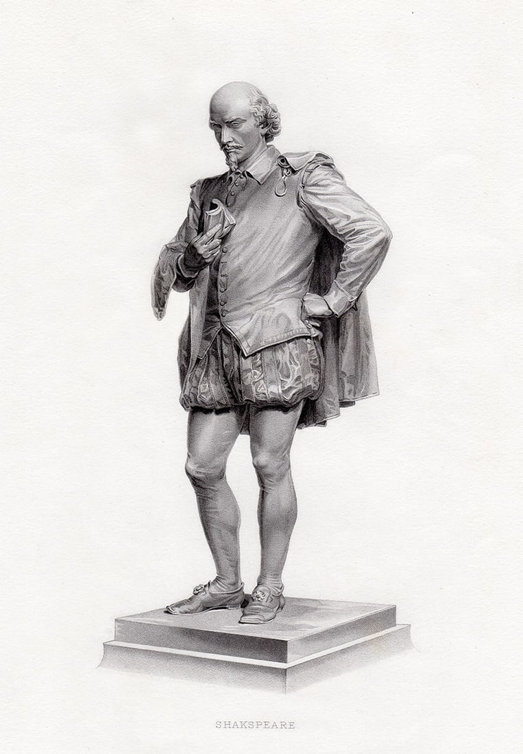 John Quincy Adams Ward Shakespeare 1878 engraving: John Quincy Adams Ward. (American, 1830 - 1910). Shakespeare. Antique engraving on wove paper after the original bronze statue by master engraver Edward Jackson Stodart (British, 1879-1934). 1878. Exc