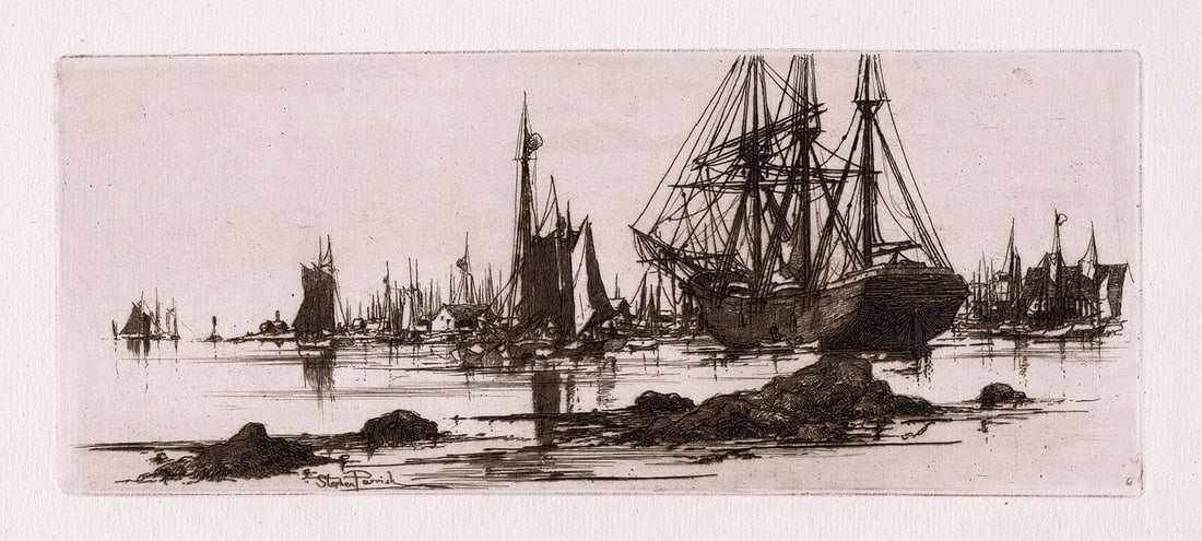 1882 Stephen Parrish In Port etching signed: Stephen Parrish. (American, 1846-1938). In Port. Original Etching on laid paper. 1882. Signed in the plate lower right. Excellent. Image size 3 7/8 x 9 1/2 inches. Approximately 12 x 18 inches. This p
