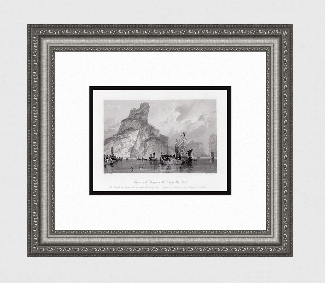 Thomas Allom Temple of the Bonzes in the Quang Yen Rock 1843 engraving: Thomas Allom. (English, 1804-1872). Temple of the Bronzes in the Quang Yen Rock. Antique engraving on wove paper after the original drawing by master engraver C. T. Dixon. 1843. Signed in the plate. E
