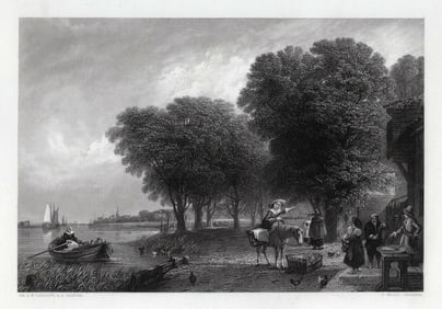 1800s John Callcott Antique Engraving The Dutch Ferry Framed SIGNED COA