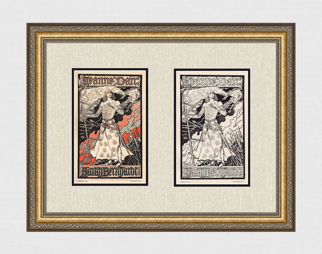 1896 Eugene Grasset Joan of Arc one of 25 on Japon with proof: Eugene Grasset (Swiss, 1845 - 1917). Jeanne d'Arc. Stone lithograph on Japon Paper. Extremely rare. One of only 25 printed on Japon paper and accompanied by single color proof. Year Printed: 1896. Cha