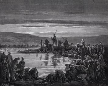 1800s Gustave DORE'S BIBLE Woodcut Gideon Chooses His Soldiers Framed SIGNED