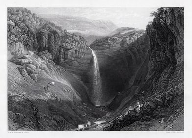 SIGNED 1800s JMW TURNER Engraving Water Fall Landscape with Cows FRAMED