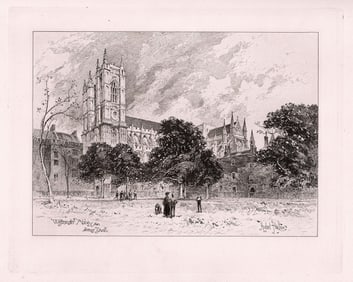 Herbert Railton 1889 etching Westminster Abbey from Dean's Yard signed