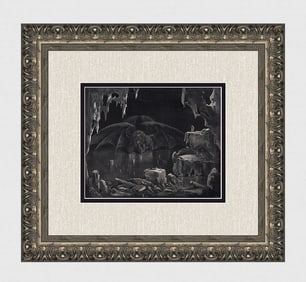 Gustave DORE 1800s Divine Comedy Wood Engraving Satan in Judecca SIGNED FRAMED