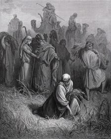 1800s GUSTAVE DORE Religious Wood Engraving BOAZ & RUTH Framed SIGNED