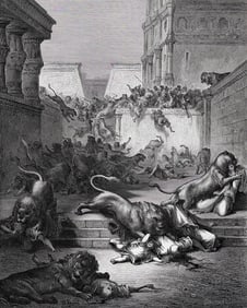 SIGNED 1800s Gustave DORE'S BIBLE Woodcut Nations Slain by the Lions FRAMED