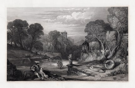 William Leighton Leitch 1800s Engraving The garden of Bradwardine FRAMED Signed