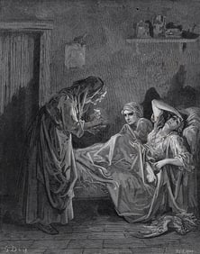 1800s DORE Fables Wood Engraving "Old Women & her Servants" FRAMED Signed