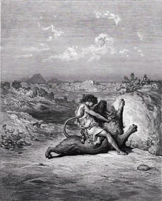 SIGNED 1800s GUSTAVE DORE Religious Wood Engraving SAMSON SLAYS THE LION Framed