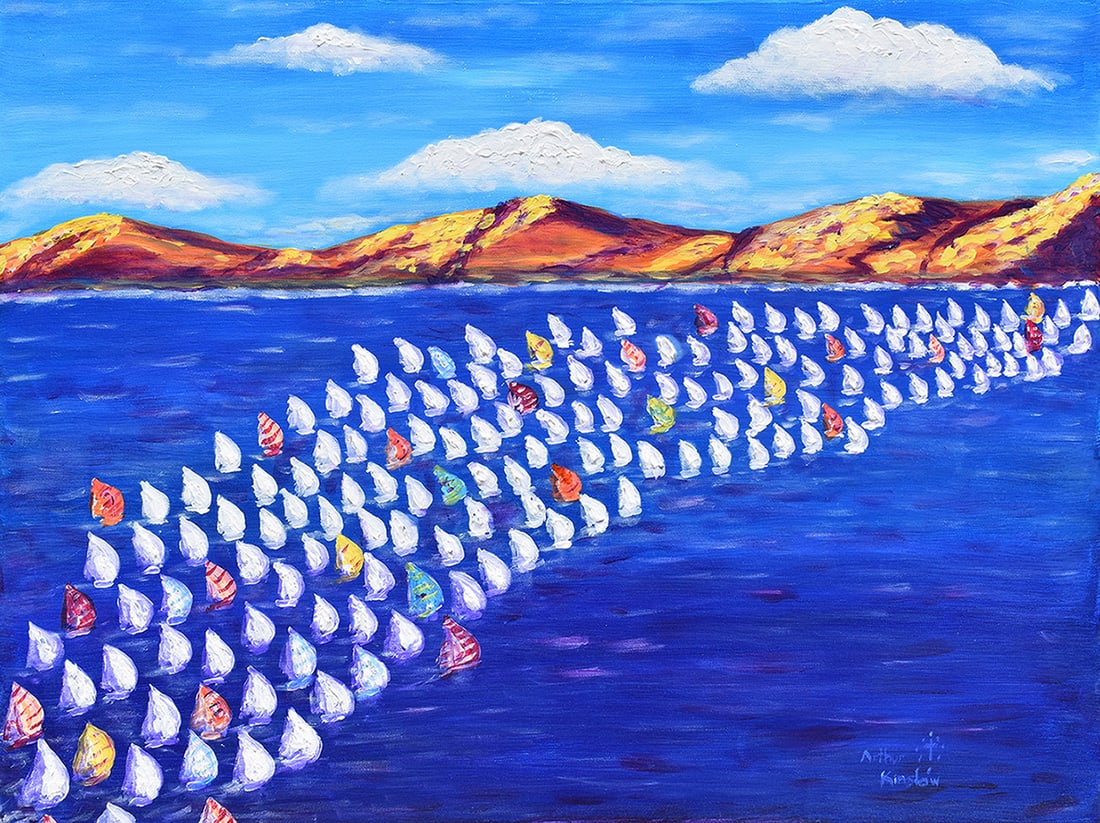 Arthur Kinslow Original Sailboat Regatta Path 30 x 40 Inches: Arthur Kinslow ( American, 1955 - ) Come Sail Away. Original Acrylic on Canvas.Signed by the artist lower left. Canvas Size 30 x 40 inches. Arthur Kinslow has been involved in art his entire life and
