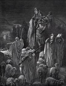 1800s Gustave DORE SIGNED Religious Wood Engraving Jacob's Journey to Egypt FRAMED