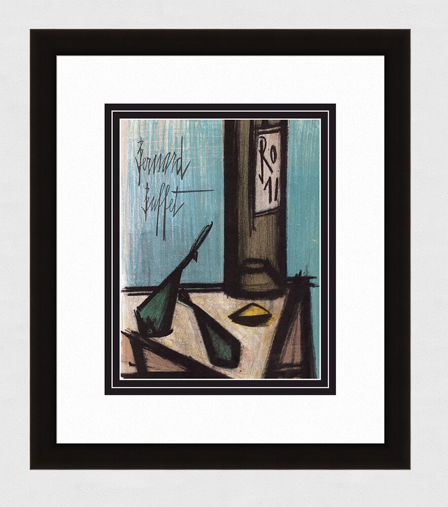 Bernard Buffet 1967 lithograph Still Life with a Bottle signed: Bernard Buffet. (1928-1999). Still Life with a Bottle. Original Color Lithograph on Wove Paper. 1967. Signed in the plate. Excellent. Atelier Mourlot. Image Size 9 1/2 x 12 1/4 inches. Approximately 1