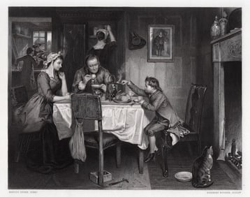 Marcus STONE 1800s Engraving Interior with Family FRAMED Signed