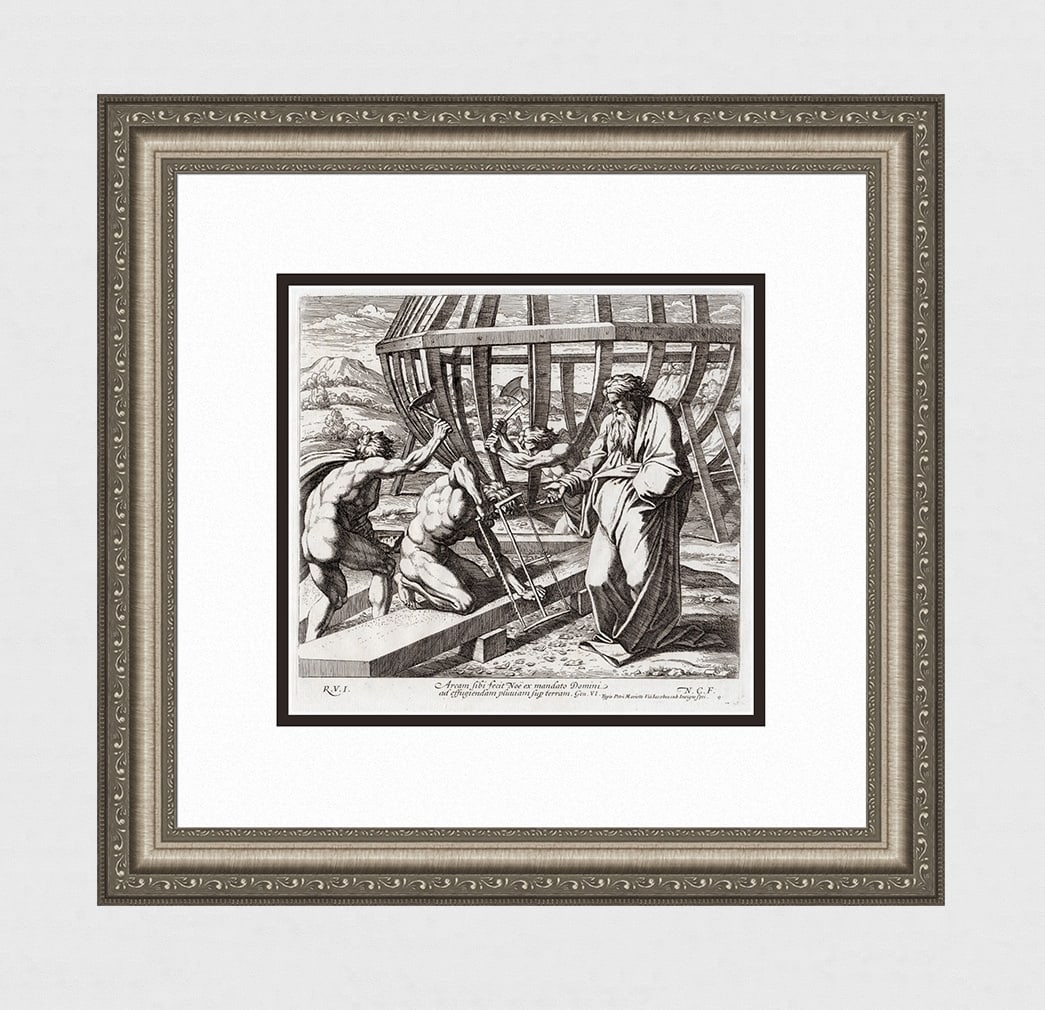 Raphael 1649 Engraving Vatican Noah builds the Ark (1 of 4)