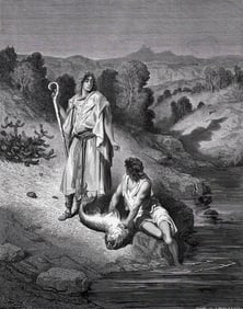 FRAMED 1800s Gustave Dore Biblical Woodcut Tobias Catches a Fish SIGNED