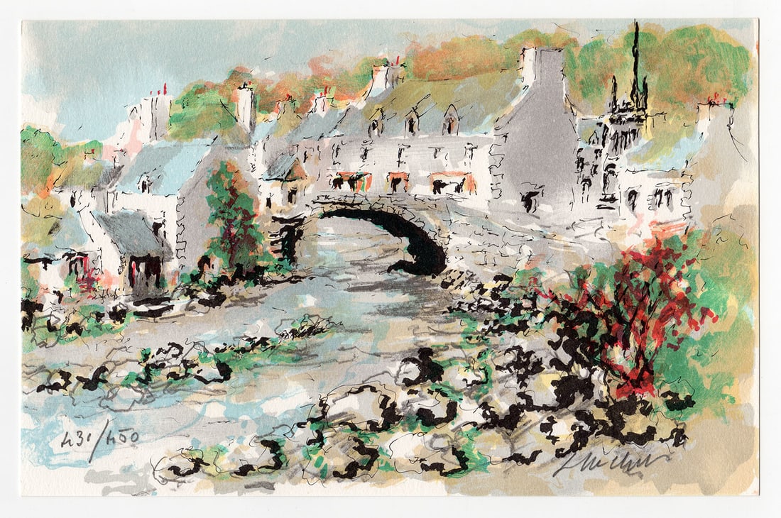 Urbain Huchet The Bridge at Pont Aven lithograph signed (1 of 2)