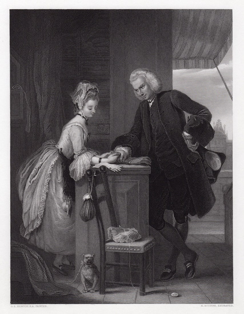 Gilbert Stuart Newton 1852 engraving Yorick and the Grisette signed: Gilbert Stuart Newton. (British, 1795 - 1835). Yorick and the Grisette. Antique engraving on wove paper after the original oil paint on canvas by master engraver Herbert Bourne (British, 1820 - 1907).