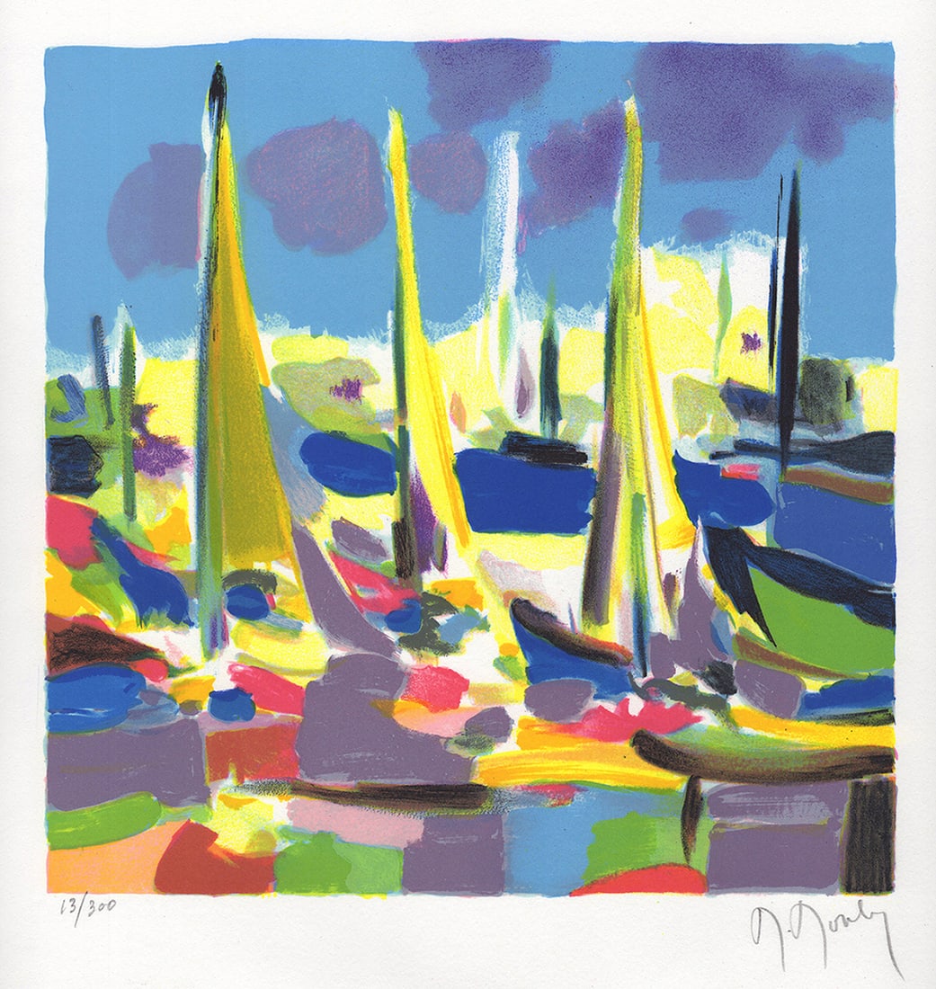 Marcel Mouly Hand signed Lithograph Sailboats: Marcel Mouly (1918 - 2008). Les Voiliers (Sailboats). Color lithograph on wove paper. Signed in pencil, lower right. Numbered from 300. Image size 11 1/2 x 12 inches. Framed dimensions approximately 2