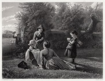 SIGNED 1800s THOMAS WEBSTER Engraving SPRING PLAYMATES Framed
