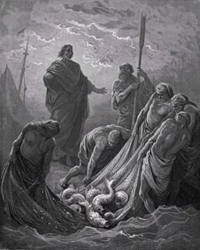 1800s Gustave DORE Biblical Woodcut Jesus at the Sea of Tiberias FRAMED Signed