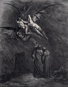 GUSTAVE DORE 1800s Divine Comedy Woodcut THE THREE FURIES Framed Signed