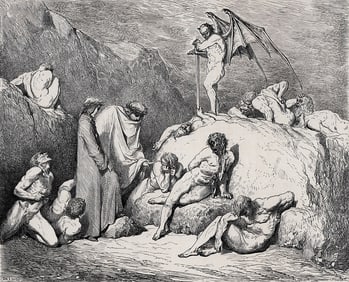 FRAMED 1800s Gustave Dore DIVINE COMEDY Woodcut Dante & Pier da Medicina SIGNED