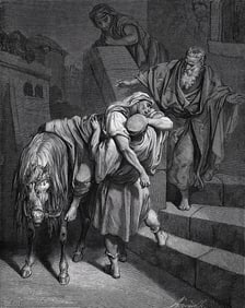 GUSTAVE DORE 1800s Biblical Woodcut THE GOOD SAMARITAN Signed Framed