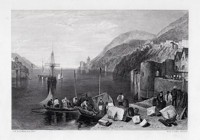 TURNER 1800s Antique Engraving Dartmouth on the River Dart Signed Framed