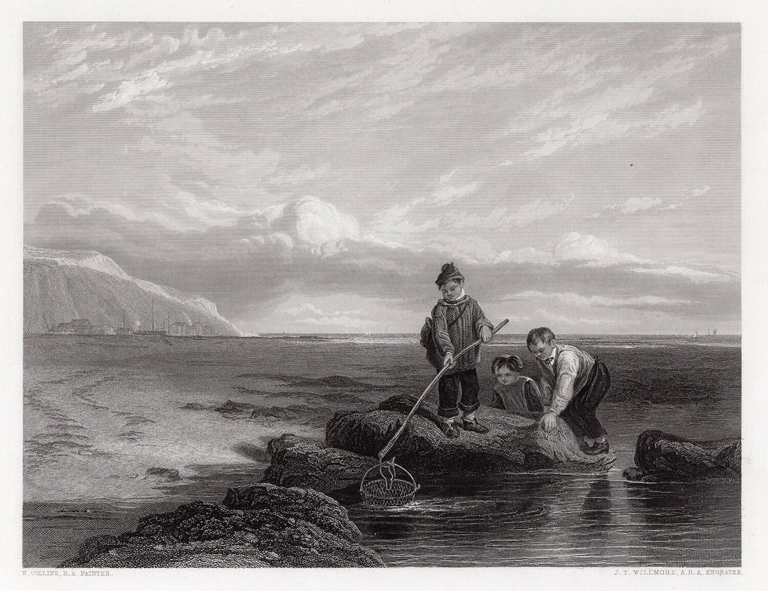 William Collins 1849 engraving Prawn Fishing I signed: William Collins. (English, 1788-1847). Prawn Fishing I. Antique engraving on wove paper after the original oil paint on mahogany by master engraver James Tibbits Willmore (English, 1800 - 1863). 1849.