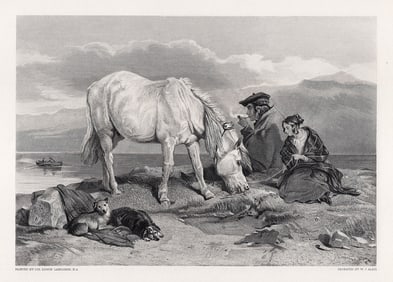 Edwin LANDSEER 1800s Engraving Pastoral Landscape Framed SIGNED