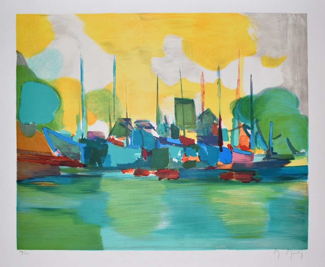 Marcel Mouly Hand signed Lithograph Fishing harbor: Marcel Mouly (1918 - 2008). Le Port de Peche (Fishing Harbor). Color lithograph on wove paper. Year: 1984. Signed in pencil, lower right. Numbered from 150. Image size 18 1/4 x 22 1/4 inches. Sheet Si