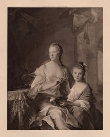 Jean-Marc NATTIER SIGNED Antique Print Madame Marsollier & Daughter FRAMED