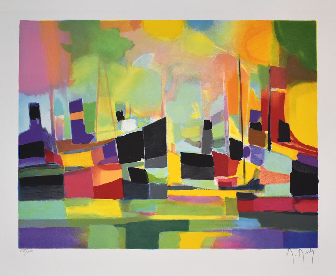 Marcel Mouly Hand signed Lithograph Les Bateaux II: Marcel Mouly (1918 - 2008). The Boats II (Les Bateaux II). Color lithograph on wove paper. Year: 1999. Signed in pencil, lower right. Numbered from 300. Image size 19 x 14 1/4 inches. Sheet Size: c. 2