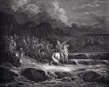 FRAMED 1800s Gustave Dore Religious Woodcut Judas Pursues Timotheus SIGNED