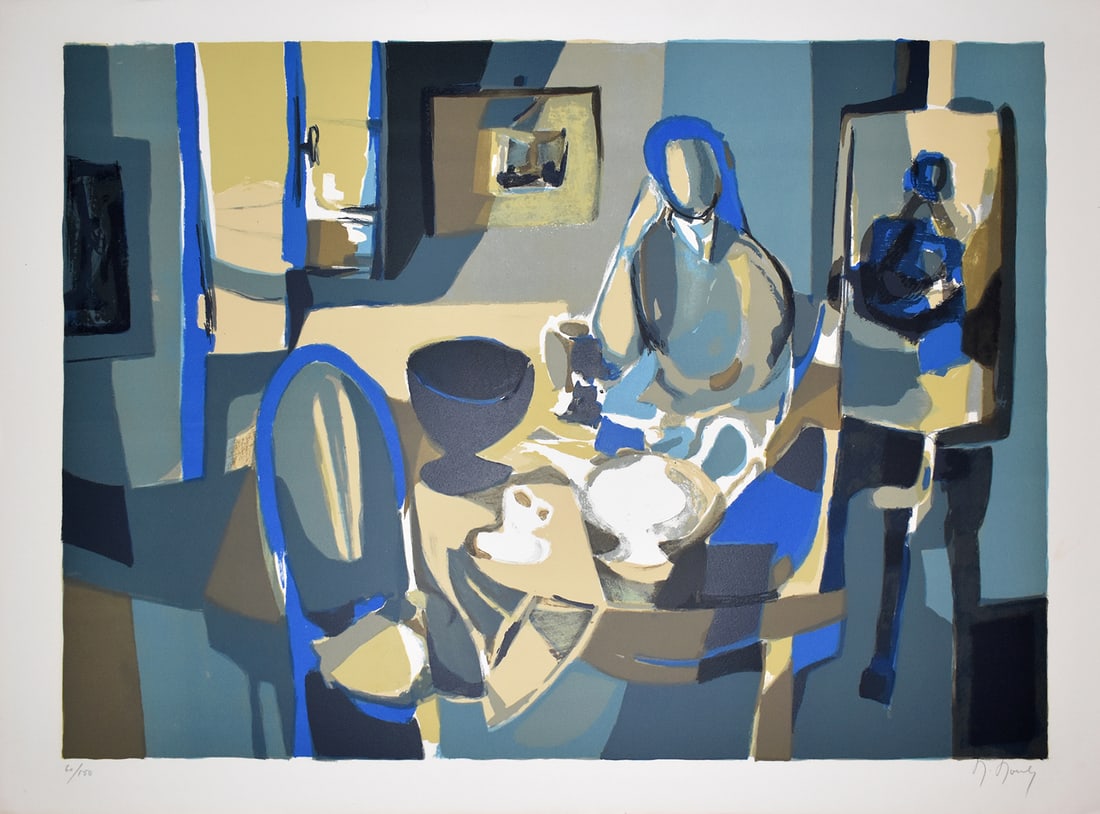 Marcel Mouly Hand signed Lithograph Interior: Marcel Mouly (1918 - 2008). Interior. Color lithograph on Arches paper. Year: 1980. Signed in pencil, lower right. Numbered from 150. Image size 18 1/2 x 25 inches. Sheet Size: c. 21 1/4 x 29 3/8 inch