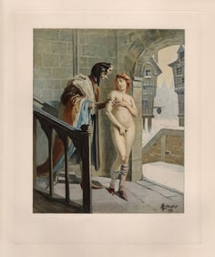 SIGNED Edmond Malassis Erotic Engraving On the Stairs Framed Limited
