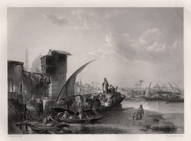 FRAMED Jacob Jacobs 1800s Engraving Egyptian Riverscape SIGNED
